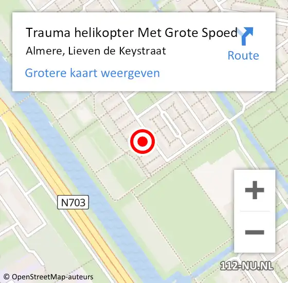 Locatie op kaart van de 112 melding: Trauma helikopter Met Grote Spoed Naar Almere, Lieven de Keystraat op 9 februari 2024 01:46