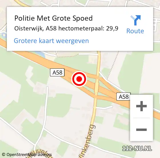 Locatie op kaart van de 112 melding: Politie Met Grote Spoed Naar Oisterwijk, A58 hectometerpaal: 29,9 op 9 februari 2024 02:18