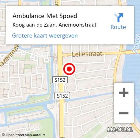 Locatie op kaart van de 112 melding: Ambulance Met Spoed Naar Koog aan de Zaan, Anemoonstraat op 9 februari 2024 07:57