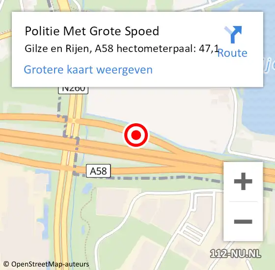Locatie op kaart van de 112 melding: Politie Met Grote Spoed Naar Gilze en Rijen, A58 hectometerpaal: 47,1 op 9 februari 2024 08:33
