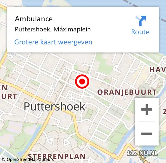 Locatie op kaart van de 112 melding: Ambulance Puttershoek, Máximaplein op 9 februari 2024 12:12