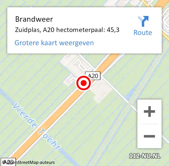 Locatie op kaart van de 112 melding: Brandweer Zuidplas, A20 hectometerpaal: 45,3 op 9 februari 2024 12:50