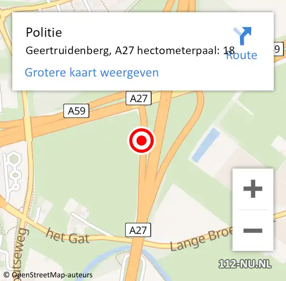 Locatie op kaart van de 112 melding: Politie Geertruidenberg, A27 hectometerpaal: 18 op 9 februari 2024 12:53