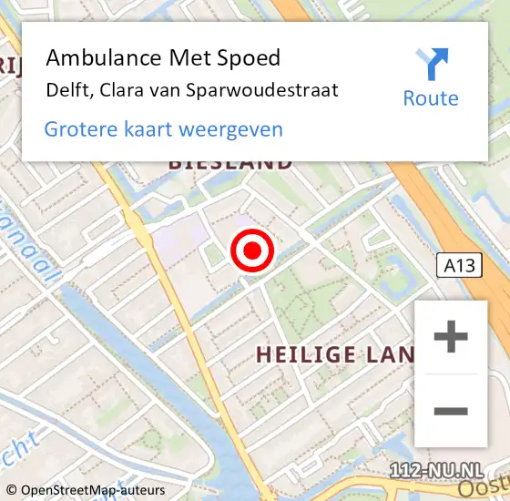 Locatie op kaart van de 112 melding: Ambulance Met Spoed Naar Delft, Clara van Sparwoudestraat op 9 februari 2024 13:01