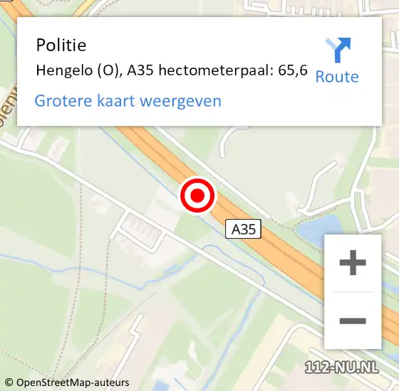 Locatie op kaart van de 112 melding: Politie Hengelo (O), A35 hectometerpaal: 65,6 op 9 februari 2024 13:24