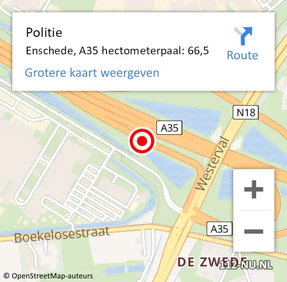 Locatie op kaart van de 112 melding: Politie Enschede, A35 hectometerpaal: 66,5 op 9 februari 2024 15:48