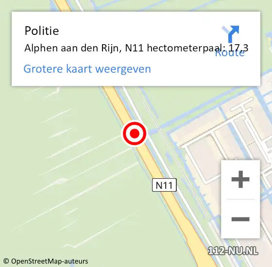 Locatie op kaart van de 112 melding: Politie Alphen aan den Rijn, N11 hectometerpaal: 17,3 op 9 februari 2024 16:18