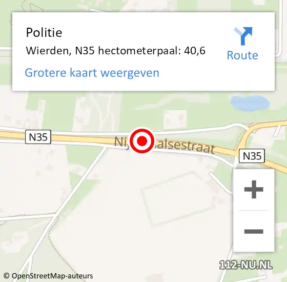 Locatie op kaart van de 112 melding: Politie Wierden, N35 hectometerpaal: 40,6 op 9 februari 2024 16:27