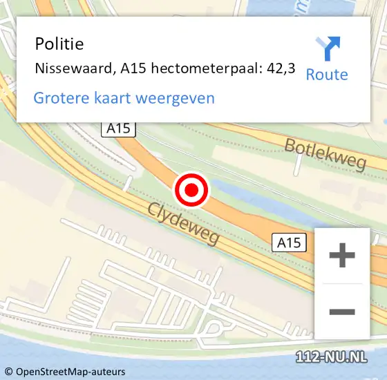 Locatie op kaart van de 112 melding: Politie Nissewaard, A15 hectometerpaal: 42,3 op 9 februari 2024 18:20