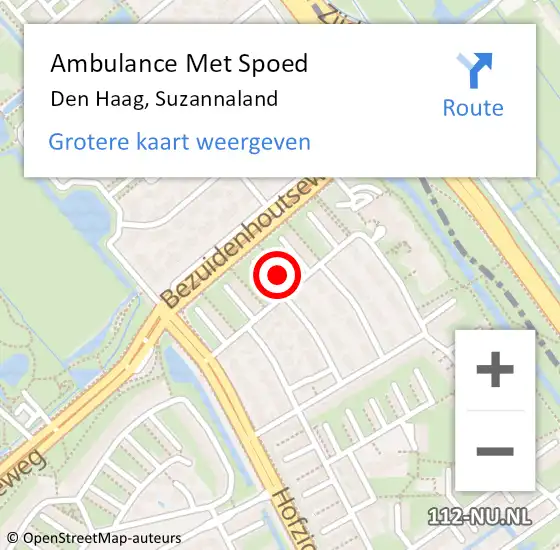 Locatie op kaart van de 112 melding: Ambulance Met Spoed Naar Den Haag, Suzannaland op 9 februari 2024 20:13