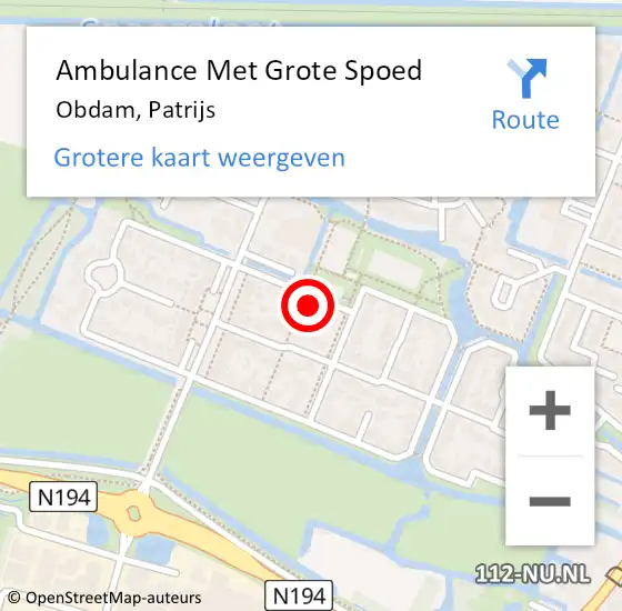 Locatie op kaart van de 112 melding: Ambulance Met Grote Spoed Naar Obdam, Patrijs op 9 februari 2024 22:10