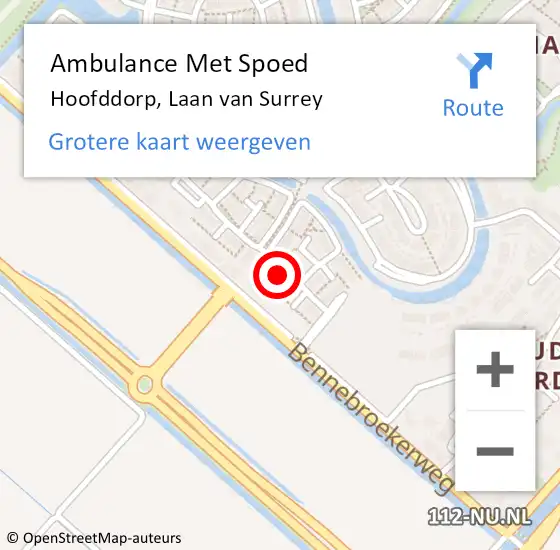 Locatie op kaart van de 112 melding: Ambulance Met Spoed Naar Hoofddorp, Laan van Surrey op 10 februari 2024 02:24