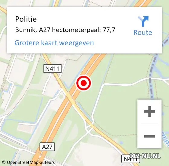 Locatie op kaart van de 112 melding: Politie Bunnik, A27 hectometerpaal: 77,7 op 10 februari 2024 09:05