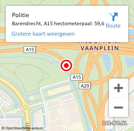 Locatie op kaart van de 112 melding: Politie Barendrecht, A15 hectometerpaal: 59,6 op 10 februari 2024 10:00