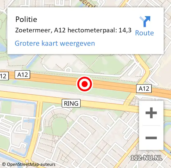 Locatie op kaart van de 112 melding: Politie Zoetermeer, A12 hectometerpaal: 14,3 op 10 februari 2024 10:41