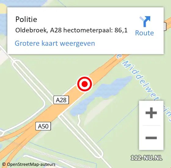 Locatie op kaart van de 112 melding: Politie Oldebroek, A28 hectometerpaal: 86,1 op 10 februari 2024 11:34