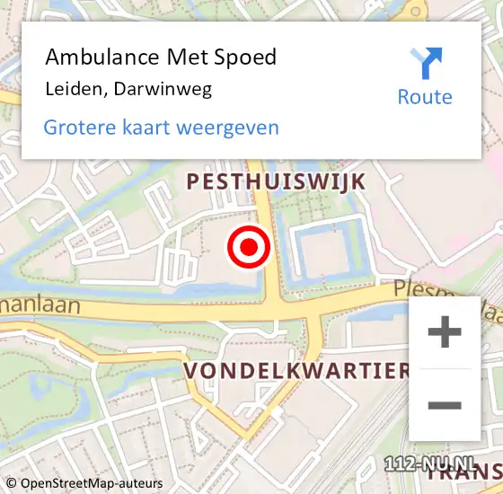 Locatie op kaart van de 112 melding: Ambulance Met Spoed Naar Leiden, Darwinweg op 10 februari 2024 14:05