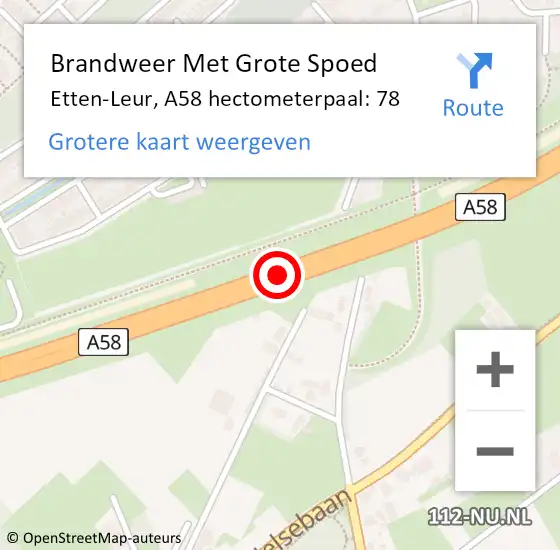 Locatie op kaart van de 112 melding: Brandweer Met Grote Spoed Naar Etten-Leur, A58 hectometerpaal: 78 op 10 februari 2024 14:09