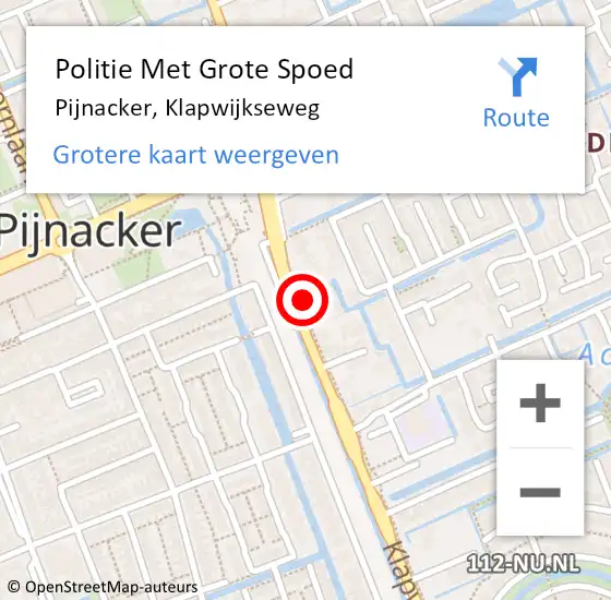 Locatie op kaart van de 112 melding: Politie Met Grote Spoed Naar Pijnacker, Klapwijkseweg op 10 februari 2024 16:54