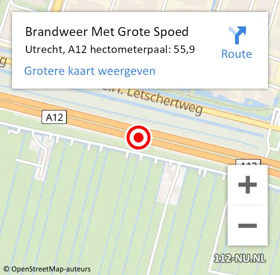 Locatie op kaart van de 112 melding: Brandweer Met Grote Spoed Naar Utrecht, A12 hectometerpaal: 55,9 op 10 februari 2024 17:48