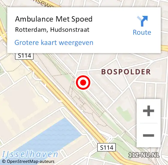 Locatie op kaart van de 112 melding: Ambulance Met Spoed Naar Rotterdam, Hudsonstraat op 10 februari 2024 17:49