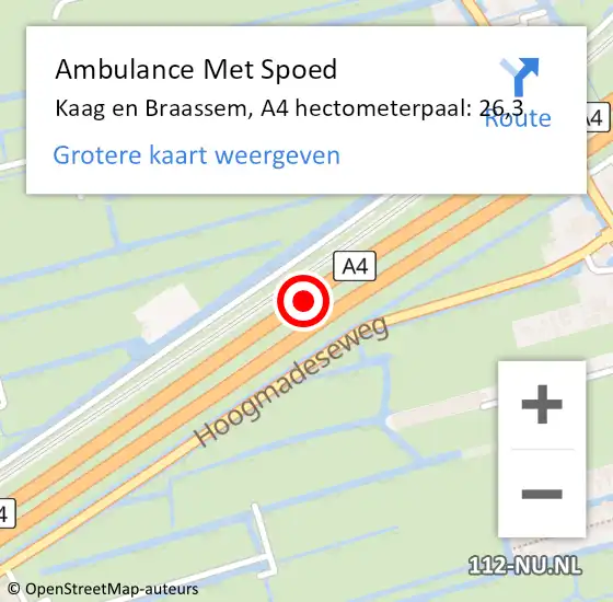 Locatie op kaart van de 112 melding: Ambulance Met Spoed Naar Kaag en Braassem, A4 hectometerpaal: 26,3 op 10 februari 2024 18:20
