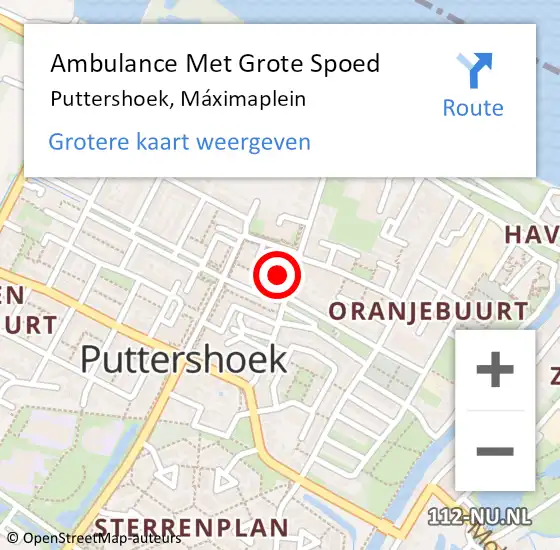 Locatie op kaart van de 112 melding: Ambulance Met Grote Spoed Naar Puttershoek, Máximaplein op 10 februari 2024 19:58