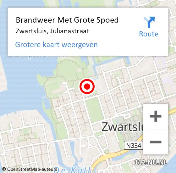 Locatie op kaart van de 112 melding: Brandweer Met Grote Spoed Naar Zwartsluis, Julianastraat op 15 oktober 2013 16:02