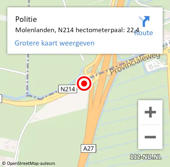 Locatie op kaart van de 112 melding: Politie Molenlanden, N214 hectometerpaal: 22,4 op 11 februari 2024 00:13