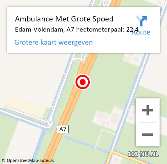 Locatie op kaart van de 112 melding: Ambulance Met Grote Spoed Naar Edam-Volendam, A7 hectometerpaal: 22,4 op 11 februari 2024 01:49