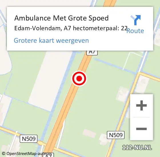 Locatie op kaart van de 112 melding: Ambulance Met Grote Spoed Naar Edam-Volendam, A7 hectometerpaal: 22 op 11 februari 2024 01:55