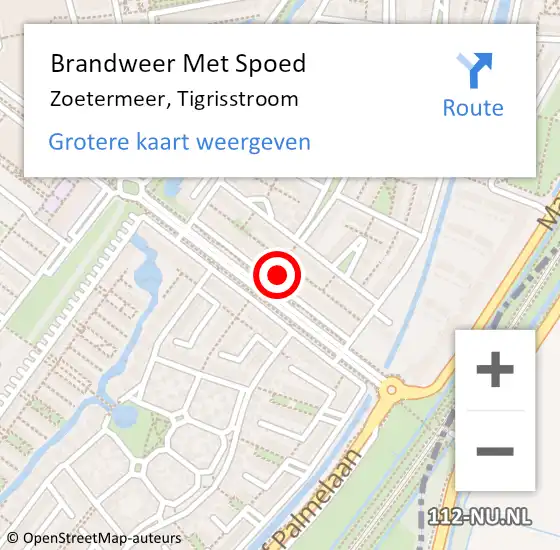 Locatie op kaart van de 112 melding: Brandweer Met Spoed Naar Zoetermeer, Tigrisstroom op 11 februari 2024 04:42