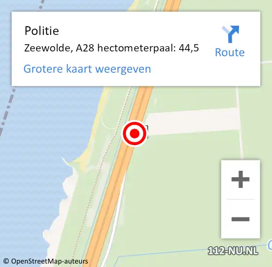 Locatie op kaart van de 112 melding: Politie Zeewolde, A28 hectometerpaal: 44,5 op 11 februari 2024 07:50