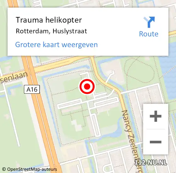 Locatie op kaart van de 112 melding: Trauma helikopter Rotterdam, Huslystraat op 11 februari 2024 08:48