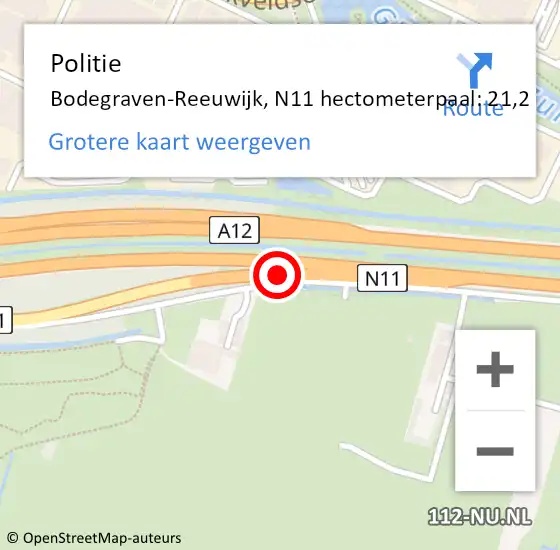 Locatie op kaart van de 112 melding: Politie Bodegraven-Reeuwijk, N11 hectometerpaal: 21,2 op 11 februari 2024 08:51