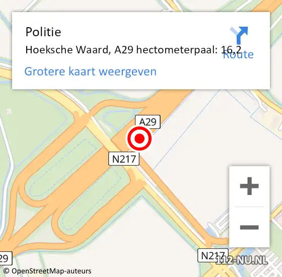 Locatie op kaart van de 112 melding: Politie Hoeksche Waard, A29 hectometerpaal: 16,2 op 11 februari 2024 09:38