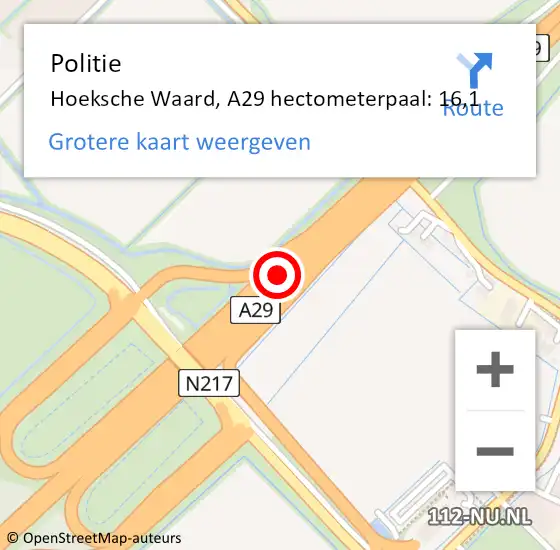 Locatie op kaart van de 112 melding: Politie Hoeksche Waard, A29 hectometerpaal: 16,1 op 11 februari 2024 09:42