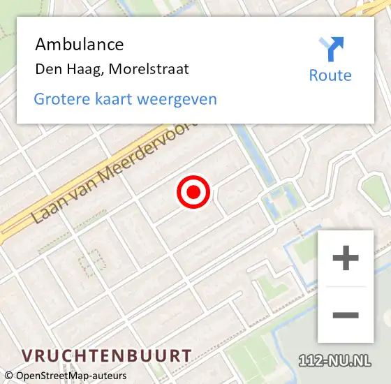 Locatie op kaart van de 112 melding: Ambulance Den Haag, Morelstraat op 11 februari 2024 10:08