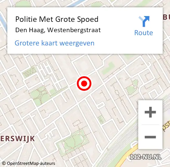 Locatie op kaart van de 112 melding: Politie Met Grote Spoed Naar Den Haag, Westenbergstraat op 11 februari 2024 11:48