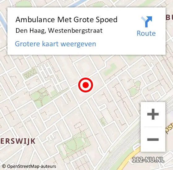 Locatie op kaart van de 112 melding: Ambulance Met Grote Spoed Naar Den Haag, Westenbergstraat op 11 februari 2024 11:50