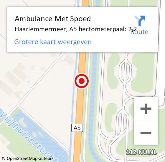 Locatie op kaart van de 112 melding: Ambulance Met Spoed Naar Haarlemmermeer, A5 hectometerpaal: 2,2 op 11 februari 2024 12:47