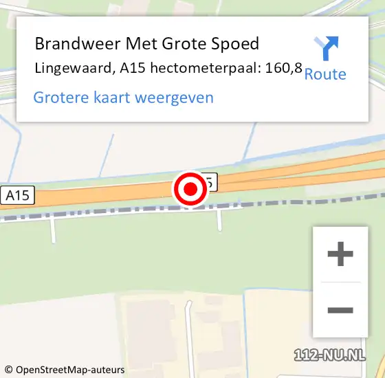 Locatie op kaart van de 112 melding: Brandweer Met Grote Spoed Naar Lingewaard, A15 hectometerpaal: 160,8 op 11 februari 2024 13:54