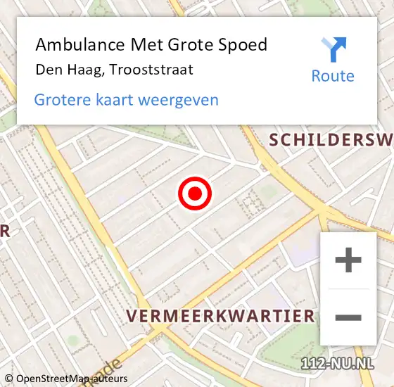 Locatie op kaart van de 112 melding: Ambulance Met Grote Spoed Naar Den Haag, Trooststraat op 11 februari 2024 15:50