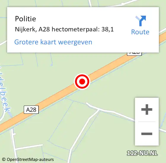 Locatie op kaart van de 112 melding: Politie Nijkerk, A28 hectometerpaal: 38,1 op 11 februari 2024 17:11