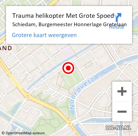 Locatie op kaart van de 112 melding: Trauma helikopter Met Grote Spoed Naar Schiedam, Burgemeester Honnerlage Gretelaan op 11 februari 2024 18:48