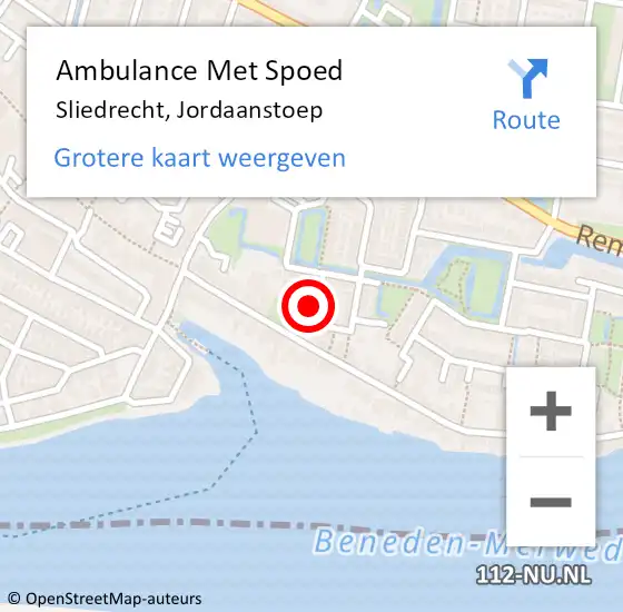 Locatie op kaart van de 112 melding: Ambulance Met Spoed Naar Sliedrecht, Jordaanstoep op 11 februari 2024 20:05