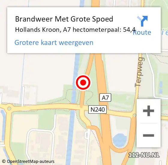 Locatie op kaart van de 112 melding: Brandweer Met Grote Spoed Naar Hollands Kroon, A7 hectometerpaal: 54,4 op 11 februari 2024 20:17