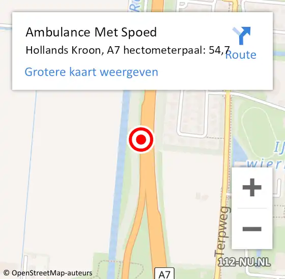 Locatie op kaart van de 112 melding: Ambulance Met Spoed Naar Hollands Kroon, A7 hectometerpaal: 54,7 op 11 februari 2024 20:20