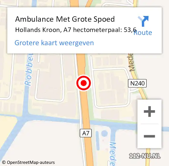 Locatie op kaart van de 112 melding: Ambulance Met Grote Spoed Naar Hollands Kroon, A7 hectometerpaal: 53,6 op 11 februari 2024 21:37