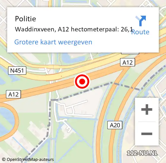 Locatie op kaart van de 112 melding: Politie Waddinxveen, A12 hectometerpaal: 26,1 op 11 februari 2024 22:16